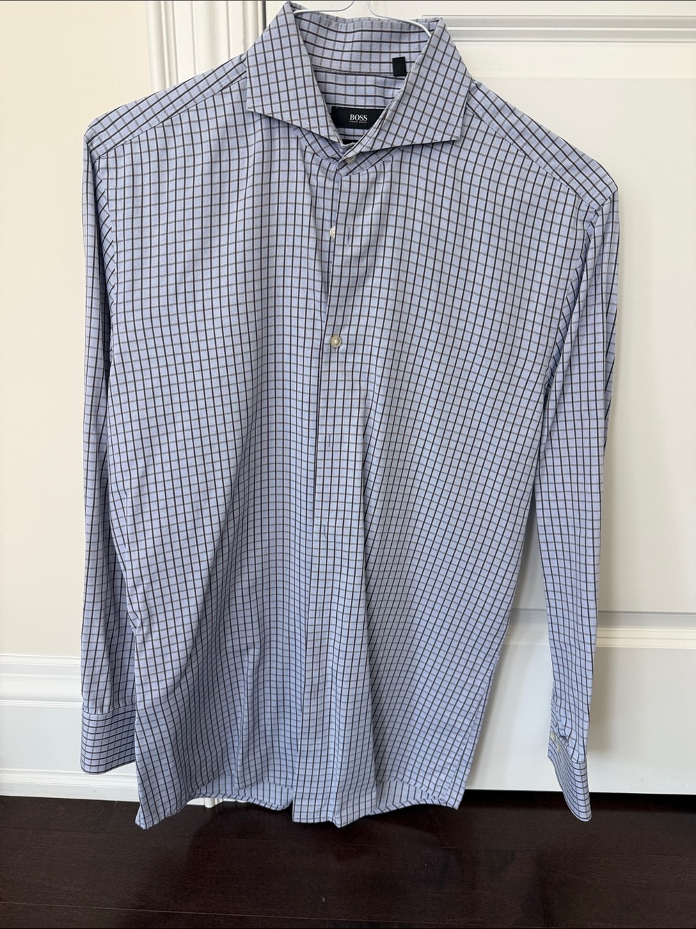 Boss Men's Cotton Light Blue Windowpane Dress Shirt